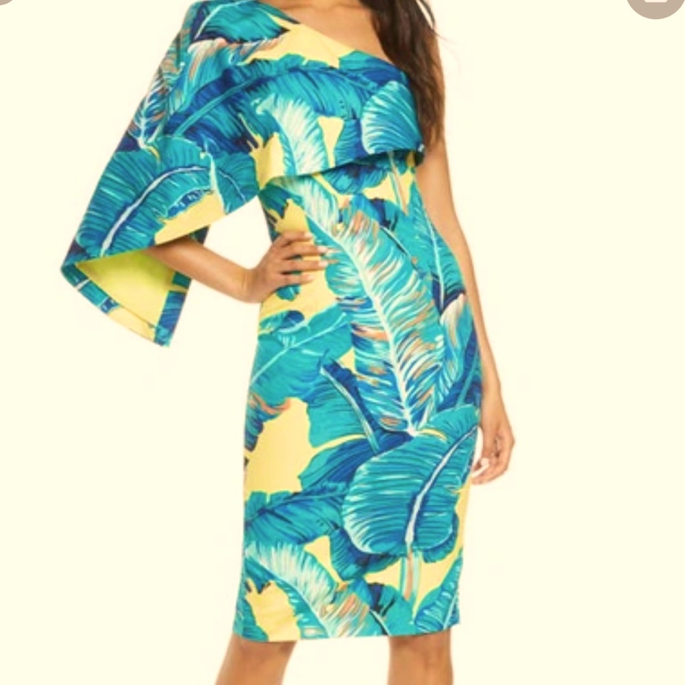 Lavish Olivia Palm Print One-shoulder Cape Sheath Dress In Yellow Palm Print